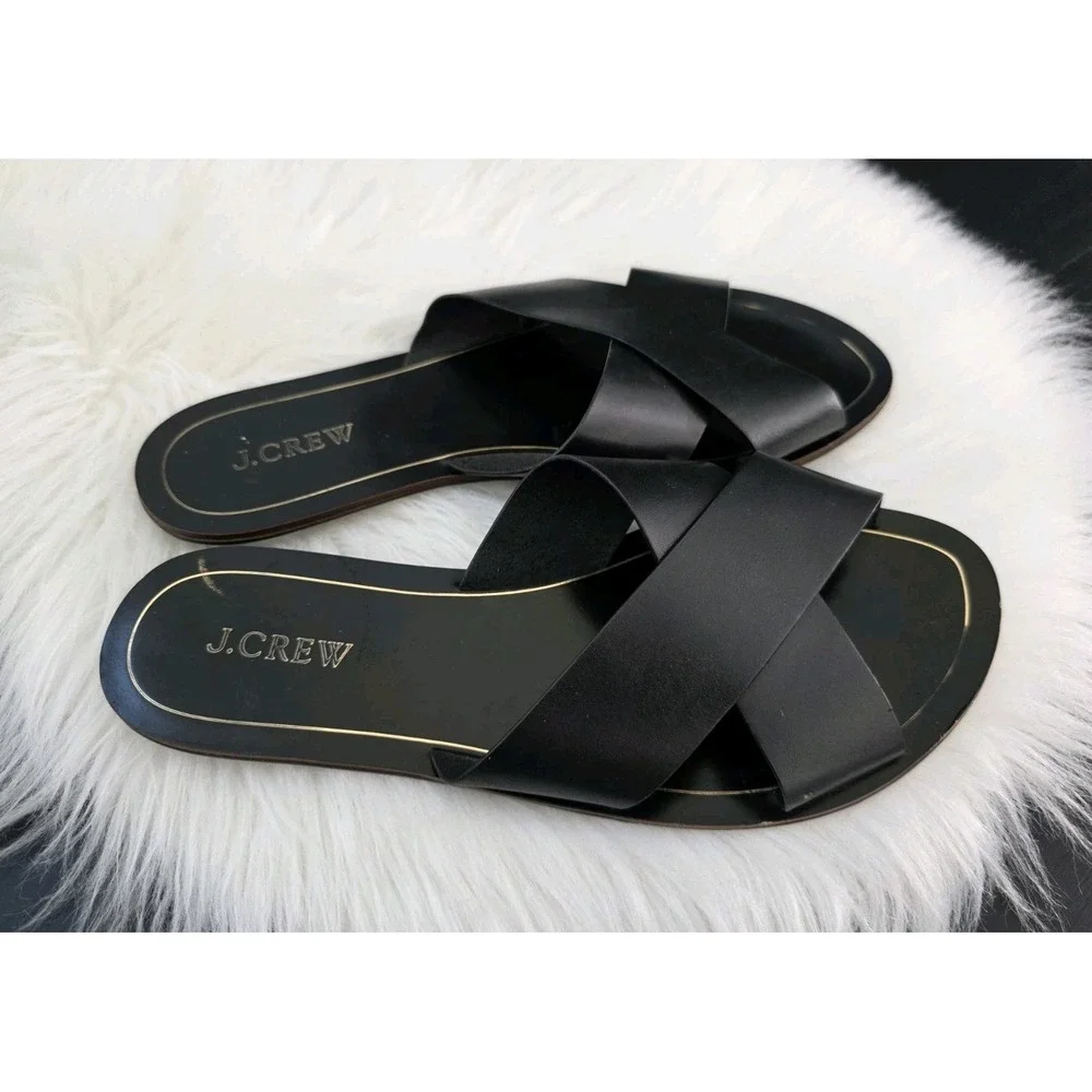 J. Crew Cypress Criss Cross Sandals Slides Women's size 9 Black Leather
